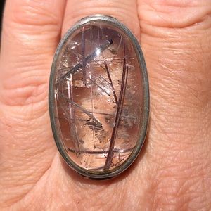 Rutilated quartz and silver Coctail ring domed cabochon size 8 1/2